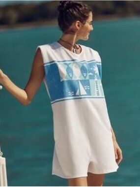 White & Blue Graphic Sleeveless Swim Cover-Up Celadine Muscle Tee Playsuit